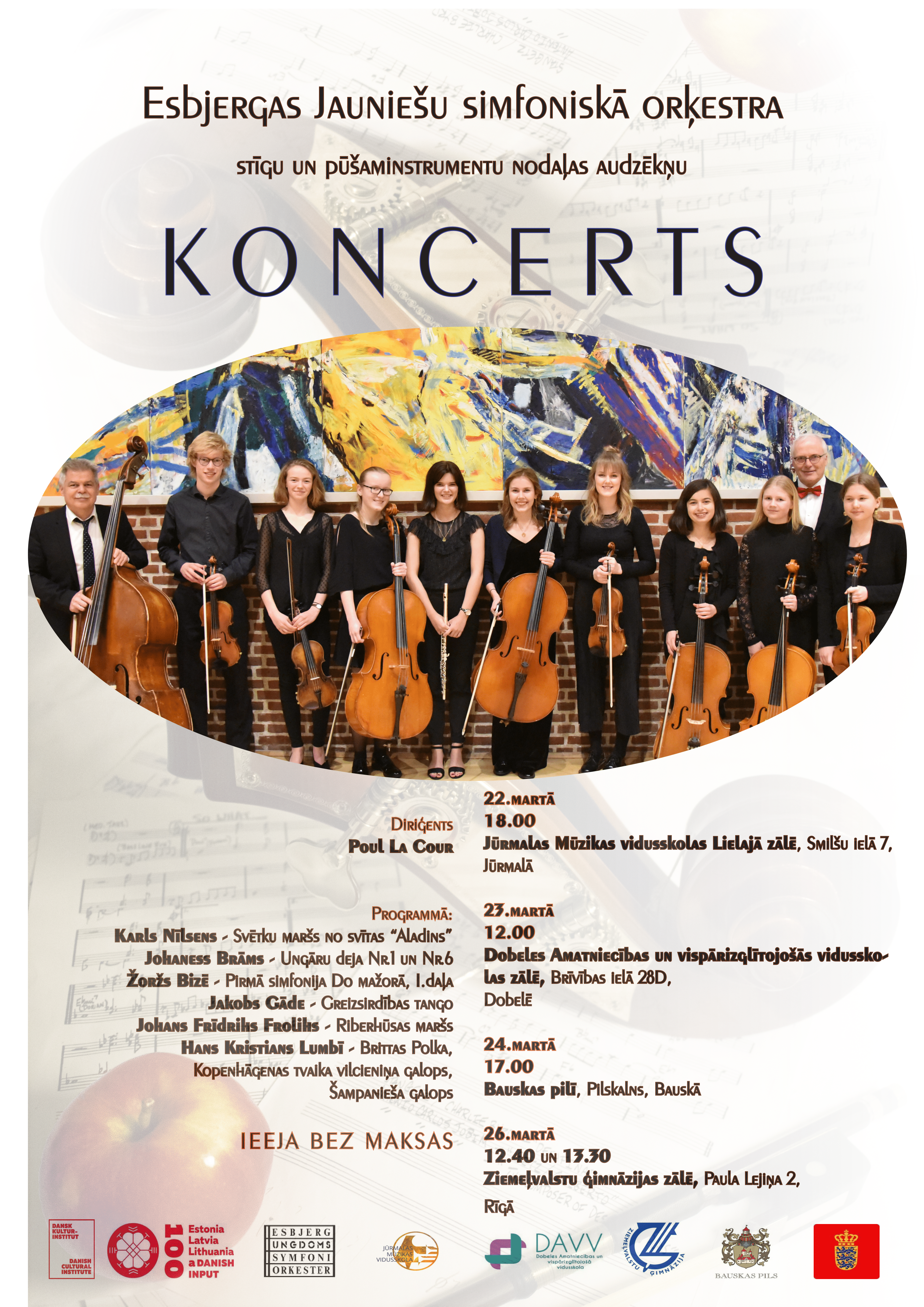 22. martā plkst. 18.00 Jūrmalas Mūzikas vidusskolā viesosies Esbjergas jauniešu simfoniskā orķestra kamersastāvs, lai kopā ar Jūrmalas Mūzikas vidusskolas Stīgu orķestri sniegtu koncertu.